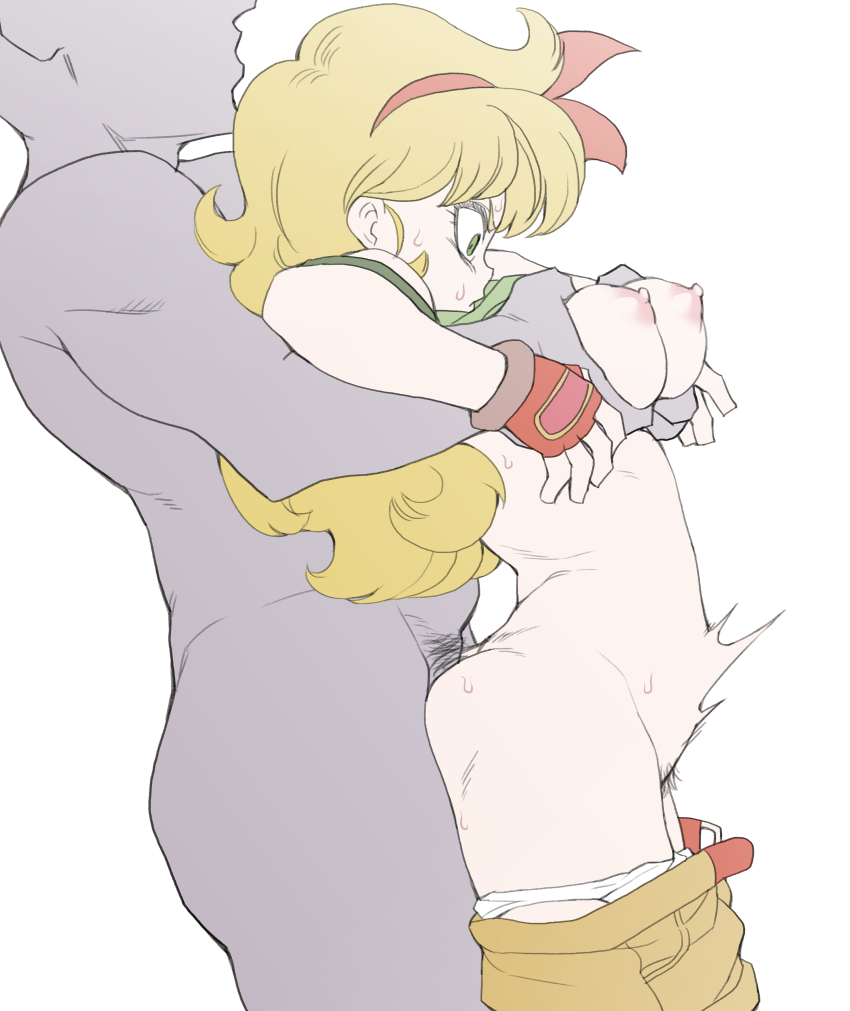 1boy 1girl absurdres belt blonde_hair breasts brown_belt brown_gloves brown_shorts clothed_female_nude_male clothes_pull colored_skin cyrano_(aazzss3) dragon_ball dragon_ball_(classic) faceless faceless_male fingerless_gloves flat_color forced from_side gloves grabbing_another&#039;s_breast grabbing_from_behind green_eyes green_tank_top grey_skin groping hairband highres implied_rape long_hair lunch_(dragon_ball) medium_breasts midriff motion_lines nipples no_bra nude panties pants pants_pull panty_pull pubic_hair puffy_nipples rape red_gloves red_hairband sex sex_from_behind shirt_rolled_up short_hair shorts simple_background solo_focus stomach_bulge sweat tank_top underwear white_background white_panties