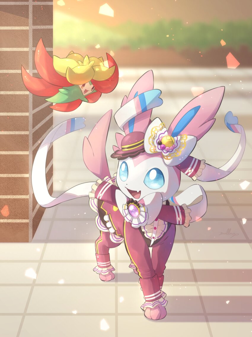 absurdres blue_eyes body_fur clothed_pokemon fang gen_6_pokemon gen_8_pokemon gossifleur happy highres looking_at_another nintendo no_humans nullma open_mouth outdoors pink_fur pokemon pokemon_(creature) pokemon_unite shadow skin_fang smile sunlight sylveon sylveon_(fashionable)