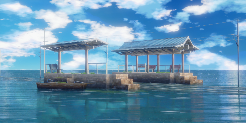 3d absurdres bench blue_sky boat chinese_commentary cloud commentary_request donghai_xian_yuwang highres landscape no_humans ocean original railroad_tracks reflection reflective_water scenery sky train_station utility_pole water watercraft
