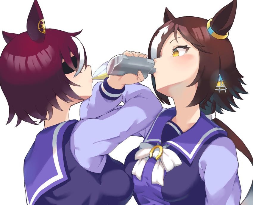 2girls animal_ears asymmetrical_docking bow breast_press breasts brown_hair cocktail_glass commentary_request cup drinking drinking_glass ear_ornament eyepatch flask hair_ornament hair_over_one_eye highres hip_flask holding holding_cup holding_flask horse_ears horse_girl jiao_bei_jiu light_blush locked_arms long_hair medium_breasts multicolored_hair multiple_girls purple_serafuku sailor_collar sawara_noa school_uniform serafuku short_hair simple_background streaked_hair tanino_gimlet_(umamusume) tracen_school_uniform umamusume upper_body vodka_(umamusume) white_background white_bow white_hair winter_uniform yellow_eyes