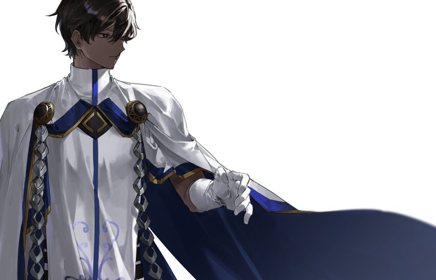 1boy arjuna_(fate) black_hair blue_cape cape closed_mouth commentary_request dark-skinned_male dark_skin fate/grand_order fate_(series) gloves hair_between_eyes highres korean_commentary male_focus potato_goril simple_background solo two-tone_cape white_background white_cape white_gloves