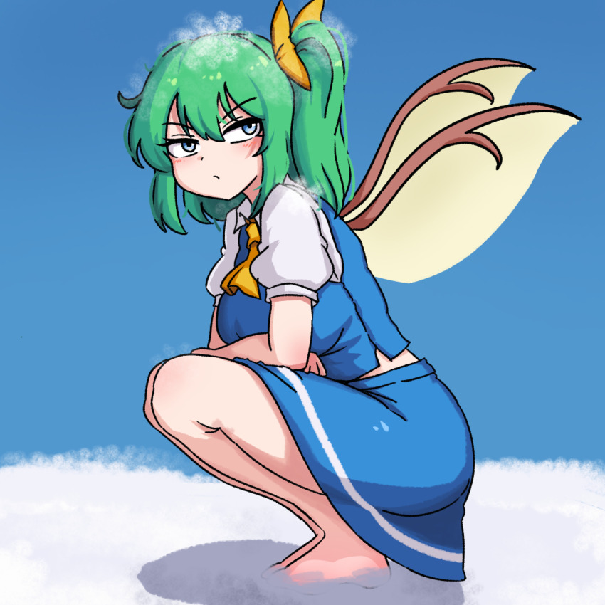 1girl barefoot blue_background blue_eyes blue_skirt breasts daiyousei ehehe52921343 fairy_wings feet from_side green_hair highres looking_at_viewer looking_to_the_side medium_breasts simple_background skirt snow solo squatting touhou v-shaped_eyebrows wings