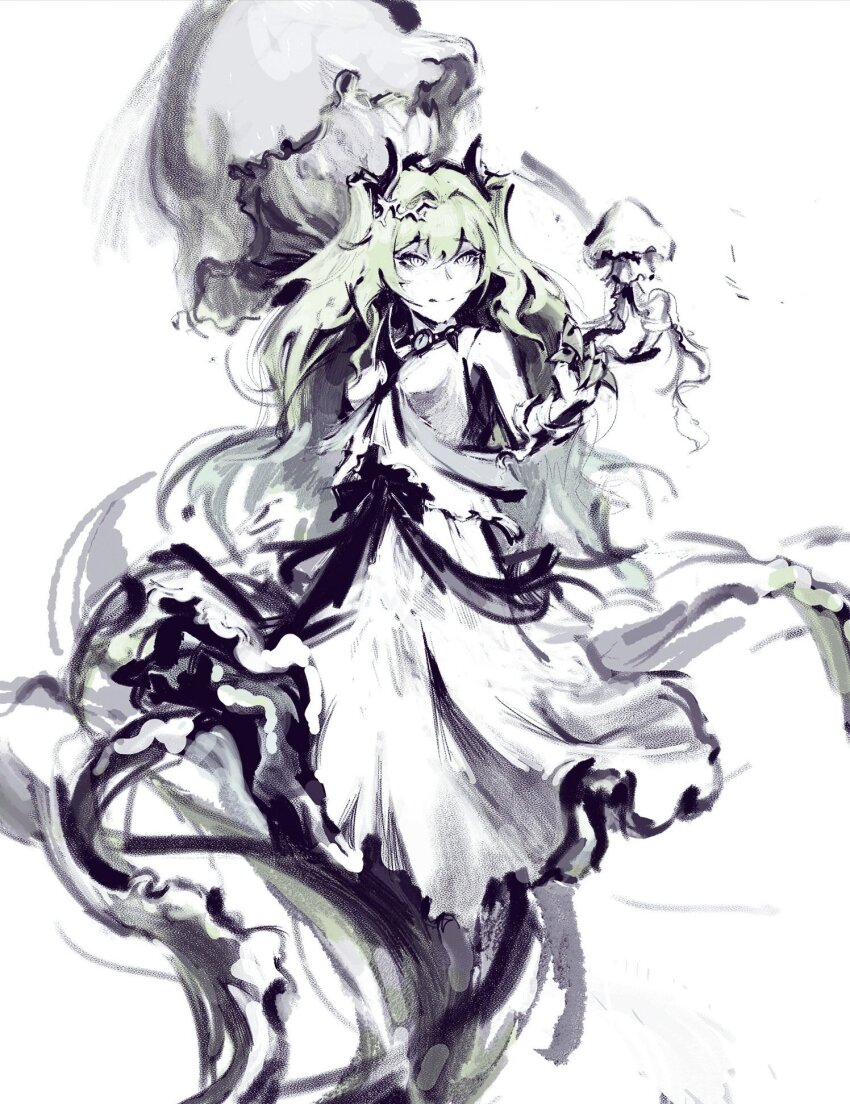 1girl black_ribbon charcoal_(medium) claw_ring dress earrings gloves gold_earrings green_eyes green_hair highres honkai_(series) honkai_impact_3rd jellyfish jewelry lianashii long_dress long_hair mobius_(honkai_impact) partially_colored ribbon serious slit_pupils white_dress