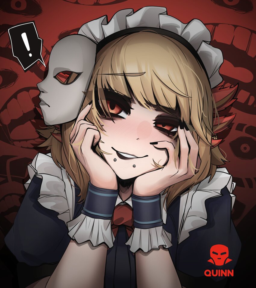 ! 1girl absurdres apron black_nails blonde_hair borrowed_character bracelet commentary commission face_piercing frilled_bracelet frills hair_ornament hands_in_own_hair hands_on_own_cheeks hands_on_own_face highres jewelry labret_piercing looking_at_viewer maid maid_apron maid_headdress mask mask_on_head medium_hair messy_hair mikuneki mouth_piercing original piercing puffy_sleeves red_eyes smile solo spoken_exclamation_mark teeth thick_eyelashes