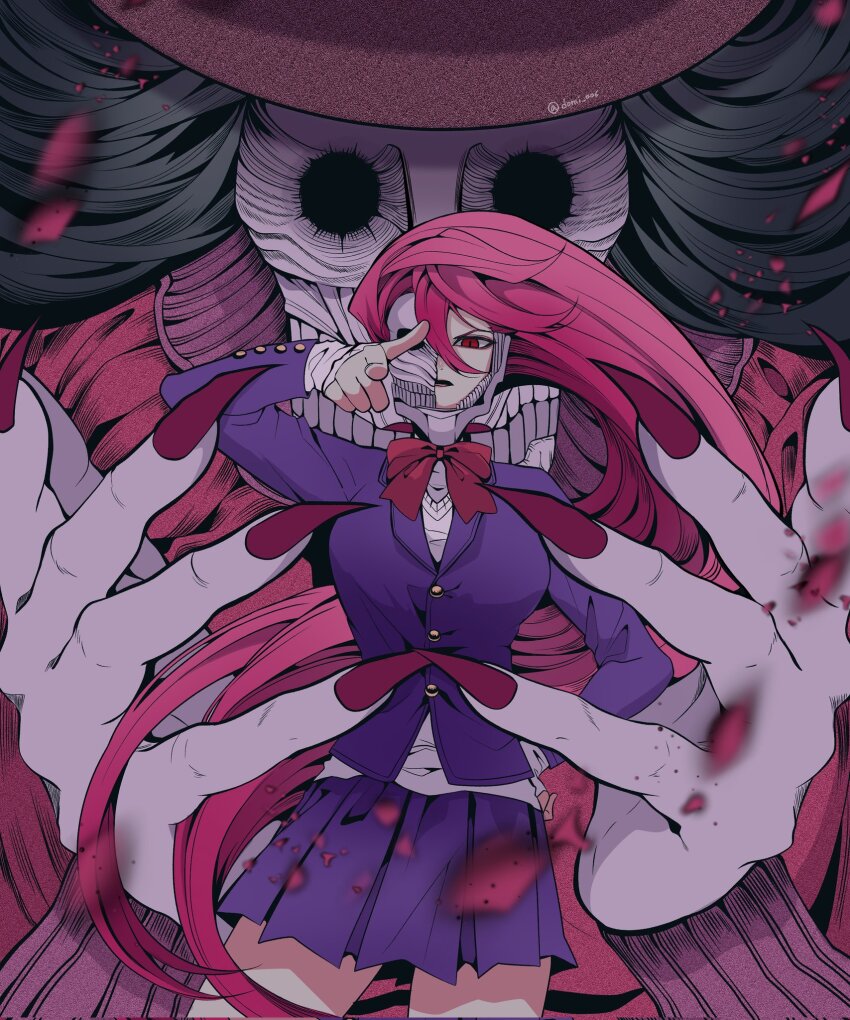 1girl acrobatic_silky_(dandadan) alternate_form dandadan domi_006 ghost highres long_hair mask mouth_mask pink_hair school_uniform shiratori_aira_(dandadan) transformation