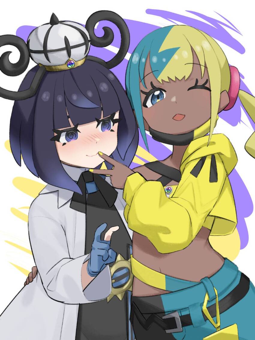 2girls ;d @_@ arm_around_waist belt belt_buckle black_dress blonde_hair blue_eyes blue_hair blunt_bangs bob_cut buckle canari_(pokemon) closed_mouth coat crop_top cropped_jacket dark-skinned_female dark_skin dress eyelashes gwynn_(pokemon) hat highres jacket long_sleeves looking_at_viewer mega_stone multicolored_hair multiple_girls nintendo o-ring o-ring_belt one_eye_closed open_clothes open_coat open_mouth pokemon pokemon_legends:_z-a pucipumpkin purple_eyes purple_hair short_hair simple_background smile split-color_hair two-tone_hair v white_coat yellow_jacket yellow_nails yuri