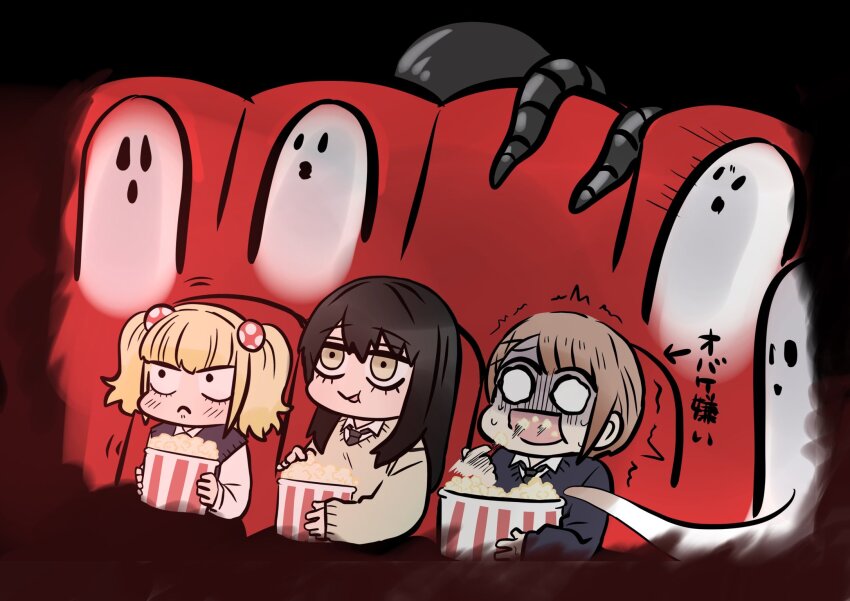 black_hair breasts bucket chibi closed_mouth eating food highres holding holding_food ichijou_michiru long_hair long_sleeves me-gu2 mieruko-chan movie_theater multiple_girls niguredou_julia open_mouth popcorn shirt skirt sweater tentacles theater theater_seating watching yellow_eyes yotsuya_miko yurikawa_hana