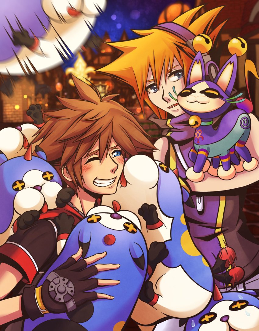 2boys black_gloves black_hoodie blue_eyes brown_hair cat dream_eater_(kingdom_hearts) fingerless_gloves gloves headphones high_collar highres hood hoodie kingdom_hearts kingdom_hearts_3d:_dream_drop_distance male_focus mp3_player multiple_boys night night_sky orange_hair outdoors red_hoodie sakuraba_neku shirt sky sleeveless sleeveless_shirt sora_(kingdom_hearts) spiked_hair subarashiki_kono_sekai town two-tone_hoodie two-tone_shirt