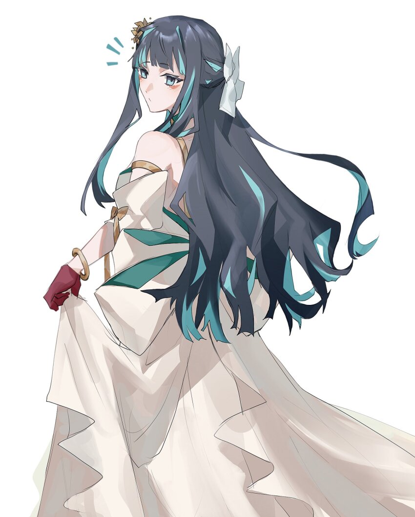 1girl armlet bangle bare_shoulders black_hair blue_eyes body_markings bow bracelet dress fate/grand_order fate_(series) fuyotan highres jewelry long_hair looking_to_the_side multicolored_hair notice_lines off-shoulder_dress off_shoulder ribbon simple_background solo tenochtitlan_(fate) two-tone_hair white_background white_dress