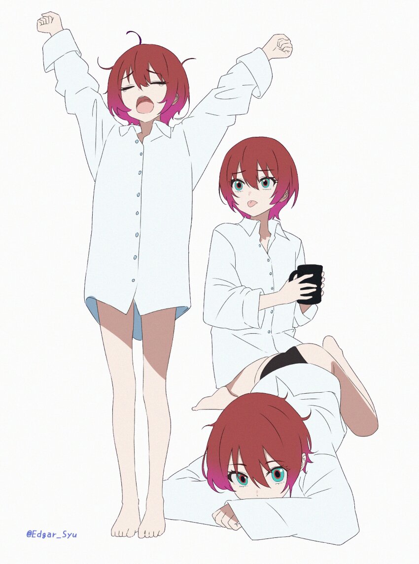 1girl :d absurdres amate_yuzuriha artist_name barefoot black_panties blue_eyes closed_eyes collared_shirt commentary cup edgar_syu english_commentary gundam gundam_gquuuuuux highres holding holding_cup long_sleeves lying messy_hair multicolored_hair open_mouth panties red_hair shirt short_hair smile striped_background tongue tongue_out twitter_username underwear white_shirt