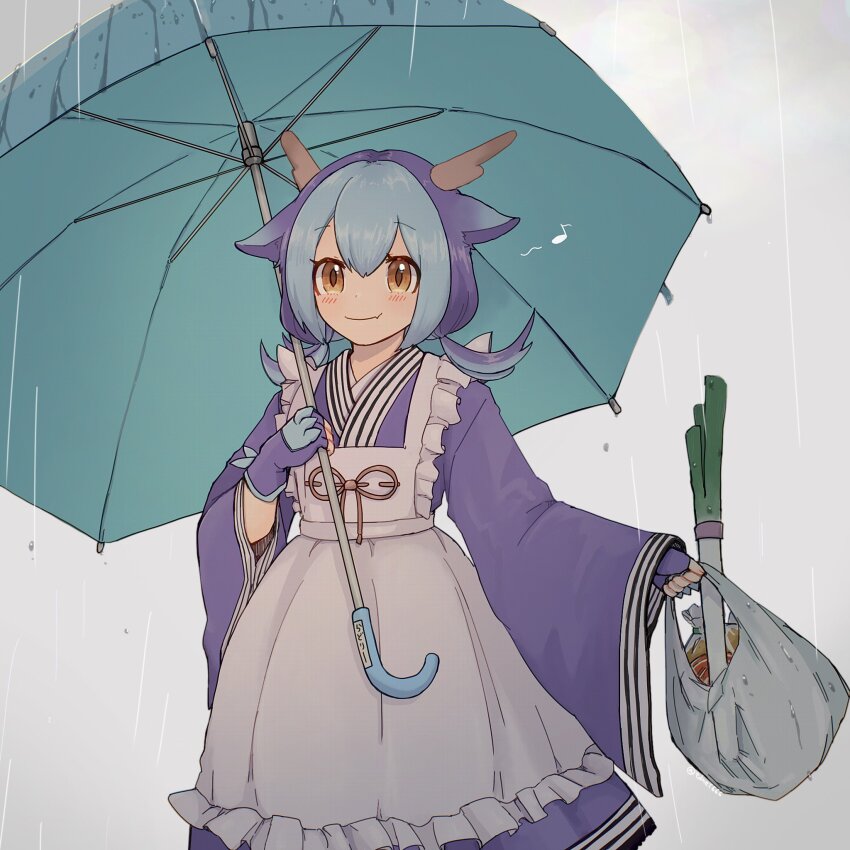 1girl apron bag blue_hair blush closed_mouth dragon_girl dragon_horns eastern_dragon_horns ei_(tdnei666) fingerless_gloves frilled_apron frills gloves highres holding holding_bag holding_umbrella horns japanese_clothes kimono laundry_dragonmaid long_sleeves maid onion plastic_bag rain short_twintails simple_background smile twintails umbrella wa_maid white_apron yellow_eyes yu-gi-oh!