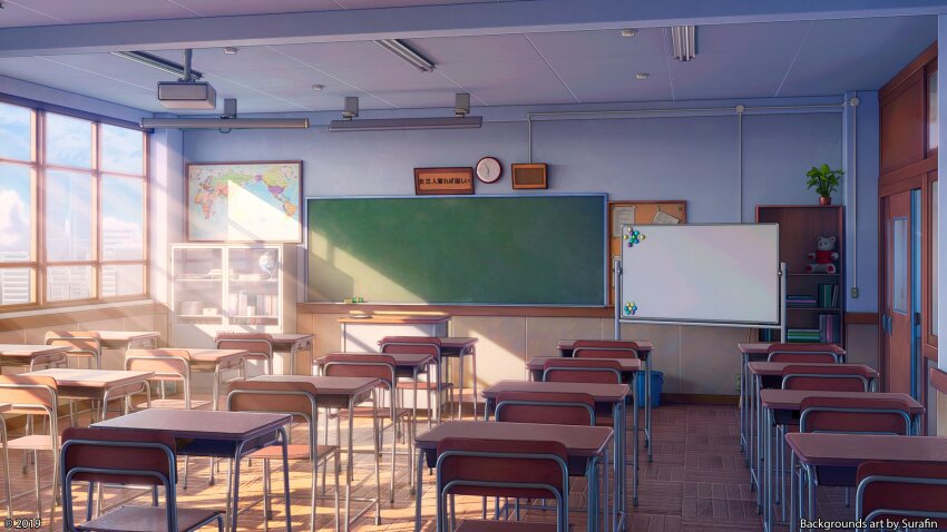 2019 artist_name book book_stack bookshelf cabinet ceiling ceiling_light chair chalkboard classroom clock day door highres indoors interior map_(object) no_humans plant potted_plant school sign stuffed_animal stuffed_toy sunlight surafin table teddy_bear wall whiteboard window wooden_door wooden_floor