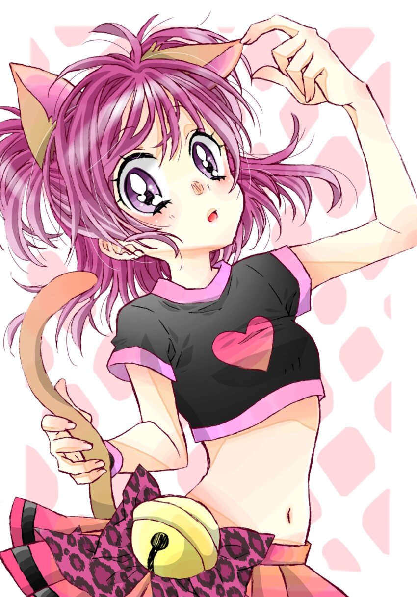 63snrk animal_ears black_shirt blush bow cat_ears cat_tail heart highres holding_own_tail looking_at_viewer midriff miniskirt navel open_mouth panther_pink_(precure) panther_print pink_bow pink_hair precure purple_eyes shirt short_hair skirt tail two_side_up visible_ears yes!_precure_5 yumehara_nozomi