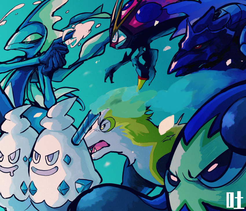 bad_id bad_pixiv_id boltund closed_mouth commentary corviknight drooling fangs from_side gen_5_pokemon gen_8_pokemon grapploct green_eyes highres inteleon mouth_drool nintendo open_mouth orbeetle pokemon pokemon_(creature) signature smile symbol-only_commentary to_(si_x_x_0_ss0) tongue vanilluxe