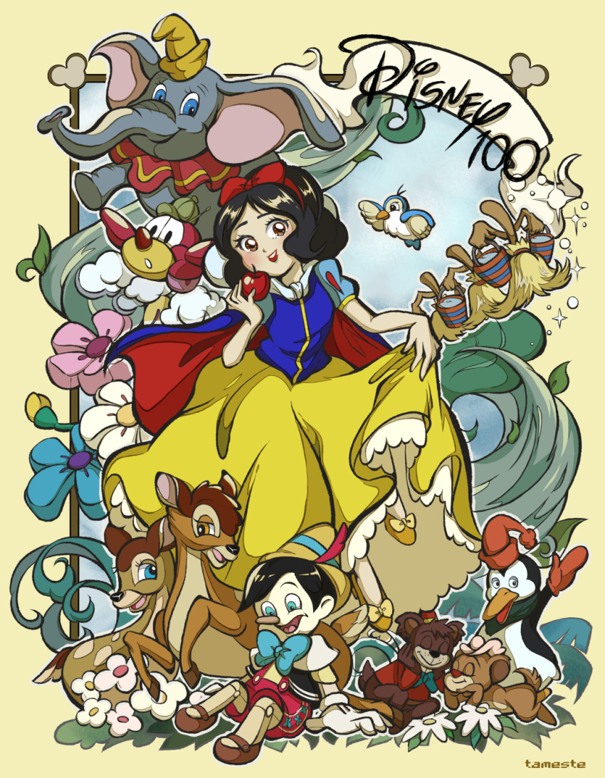 1girl aircraft airplane ame_(tameste) anniversary apple bambi_(deer) bambi_(movie) bear bird black_hair blue_bow blue_eyes bow broom_(the_sorcerer&#039;s_apprentice) brown_eyes bucket deer disney disney_princess dress dumbo dumbo_(character) elephant faline flower food fruit fun_and_fancy_free hat hat_feather highres holding holding_bucket holding_food holding_fruit open_mouth pablo_(disney) pedro_(disney) penguin pinocchio_(disney_character) pinocchio_(disney_movie) red_bow smile snow_white_(disney) snow_white_and_the_seven_dwarfs_(disney) the_cold-blooded_penguin the_sorcerer&#039;s_apprentice