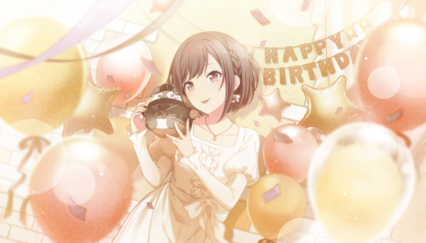 1girl :p against_wall balloon banner bent_over black_hat black_hoodie black_neckerchief blurry bob_cut bokeh braid brown_eyes brown_hair brown_hat brown_nails brown_neckerchief brown_theme bunting buttons center_frills cheek_press collarbone colorful_palette confetti cosplay cowboy_shot curtains daffodil depth_of_field dot_nose dress dutch_angle eyelashes facial_mark fingernails floral_print flower frilled_curtains frilled_sleeves frills gem glint gradient_neckerchief hair_behind_ear hands_up happy_birthday hat highres holding holding_stuffed_toy hood hoodie jester_cap jewelry juliet_sleeves letter_banner light_particles limited_palette long_dress long_sleeves looking_at_viewer neckerchief necklace official_alternate_costume official_art orange_gemstone orange_theme pendant phenny_(project_sekai) project_sekai puffy_sleeves ribbon see-through_balloon see-through_clothes see-through_ribbon shadow shinonome_ena shinonome_ena_(cosplay) short_braid short_hair side_braid single_braid smile solo square_neckline star_(symbol) star_balloon star_facial_mark streamers stuffed_animal stuffed_phoenix stuffed_toy swept_bangs third-party_source tile_wall tiles tongue tongue_out two-tone_hat vignetting waist_ribbon white_dress white_ribbon yellow_theme