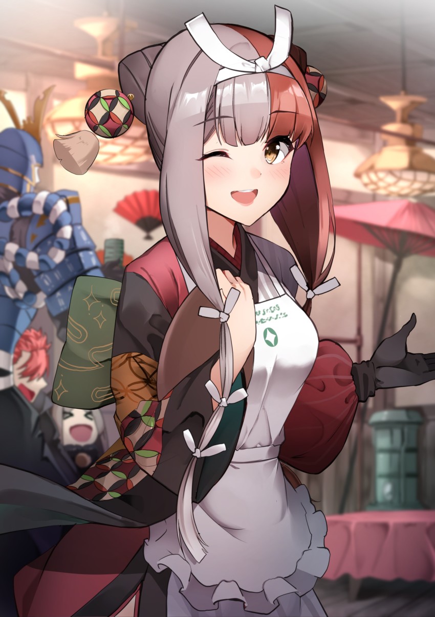&gt;_&lt; absurdres apron armor asymmetrical_sleeves blurry blurry_background brown_eyes cafe chacha_(fate) fate/grand_order fate_(series) gloves hand_fan helmet highres izumo_no_okuni_(fate) japanese_armor kabuto_(helmet) long_hair mori_nagayoshi_(fate) multicolored_hair one_eye_closed sezok single_glove split-color_hair tray umbrella zanzaburou_(fate)
