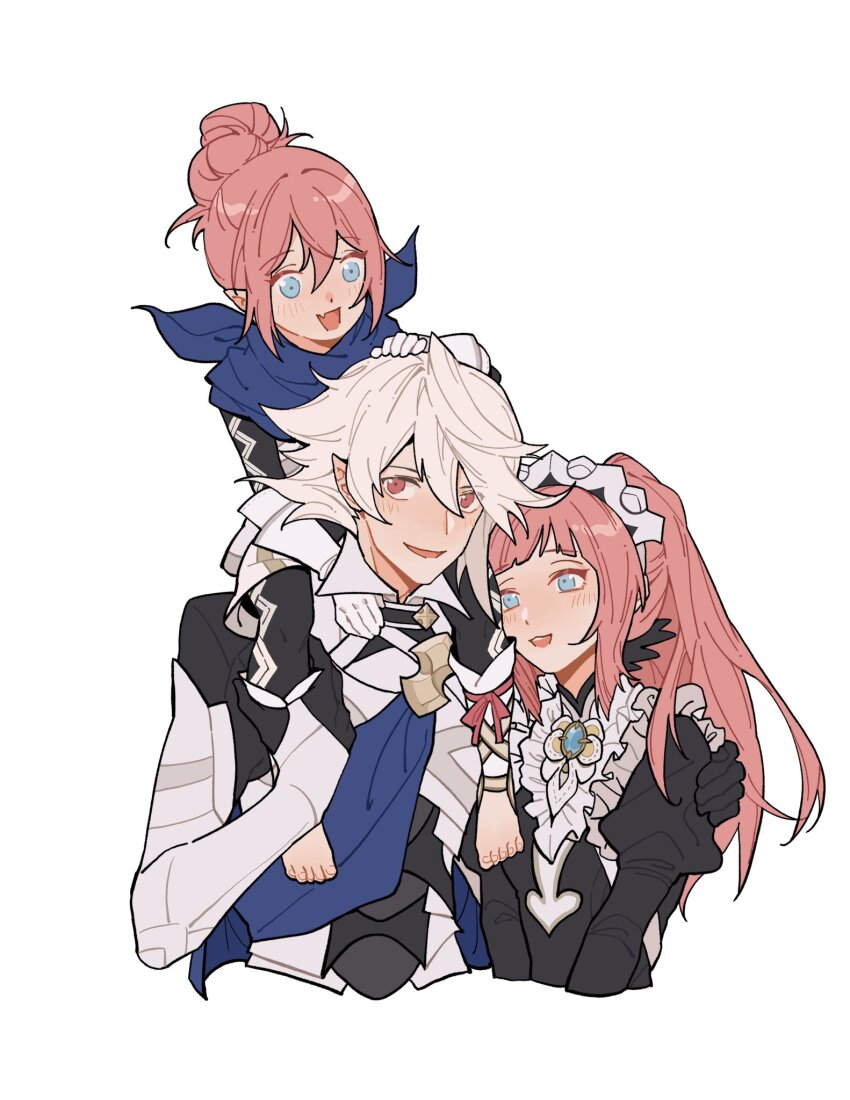 1boy 2girls armor barefoot black_dress blue_scarf carrying carrying_person child commentary commission dress english_commentary fang father_and_daughter felicia_(fire_emblem) female_kana_(fire_emblem) fire_emblem fire_emblem_fates grey_hair hair_between_eyes hair_bun hand_on_another&#039;s_shoulder highres husband_and_wife julianlynnnn juliet_sleeves long_sleeves maid maid_headdress male_corrin_(fire_emblem) mother_and_daughter multiple_girls nintendo open_mouth pink_hair pointy_ears ponytail puffy_sleeves red_hair scarf shoulder_carry simple_background single_hair_bun skin_fang smile toes white_background