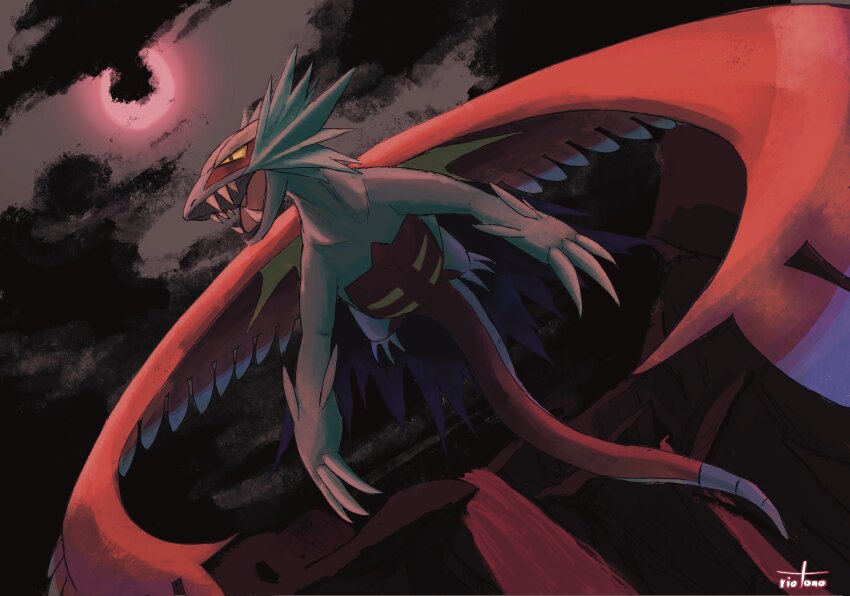blue_skin claws cloud cloudy_sky colored_sclera colored_skin dark_clouds dragon eyeshadow fangs flying from_below full_moon highres looking_to_the_side makeup moon night nintendo no_humans open_mouth pokemon pokemon_(creature) pokemon_focus red_eyes red_eyeshadow red_moon red_water red_wings riotono_0643 roaring_moon sharp_teeth sky tail teeth water waterfall wings yellow_sclera