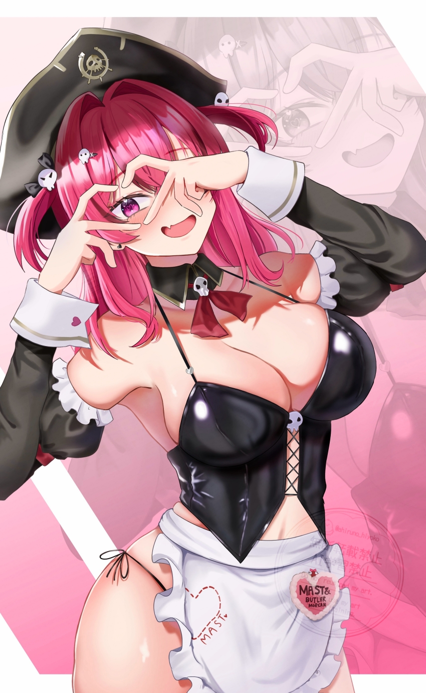 1girl four-finger_heart_hands :d absurdres ahiruno_hiyoko apron bikini black_corset breasts cleavage corset detached_collar detached_sleeves fang goddess_of_victory:_nikke hair_ornament hat heart heart-shaped_pupils heart_hands heart_hands_over_eye highres large_breasts looking_at_viewer maid maid_apron maid_bikini mast_(nikke) mast_(romantic_maid)_(nikke) navel navel_peek open_mouth pirate_hat purple_eyes red_hair skull_hair_ornament smile solo swimsuit symbol-shaped_pupils two_side_up unconventional_maid