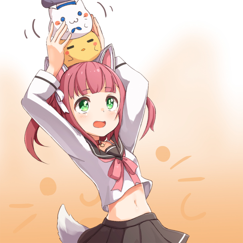 1girl ame. animal animal_ears animal_on_head arms_up azur_lane balancing bird black_sailor_collar black_skirt blush bow brown_background brown_hair cat chick collar commentary_request dog_ears dog_girl dog_tail gradient_background green_eyes hair_bow highres long_sleeves looking_away looking_up manjuu_(azur_lane) meowfficer_(azur_lane) midriff navel on_head open_mouth pink_bow pleated_skirt red_collar sailor_collar school_uniform serafuku shiratsuyu_(azur_lane) shirt skirt tail twintails white_background white_bow white_shirt