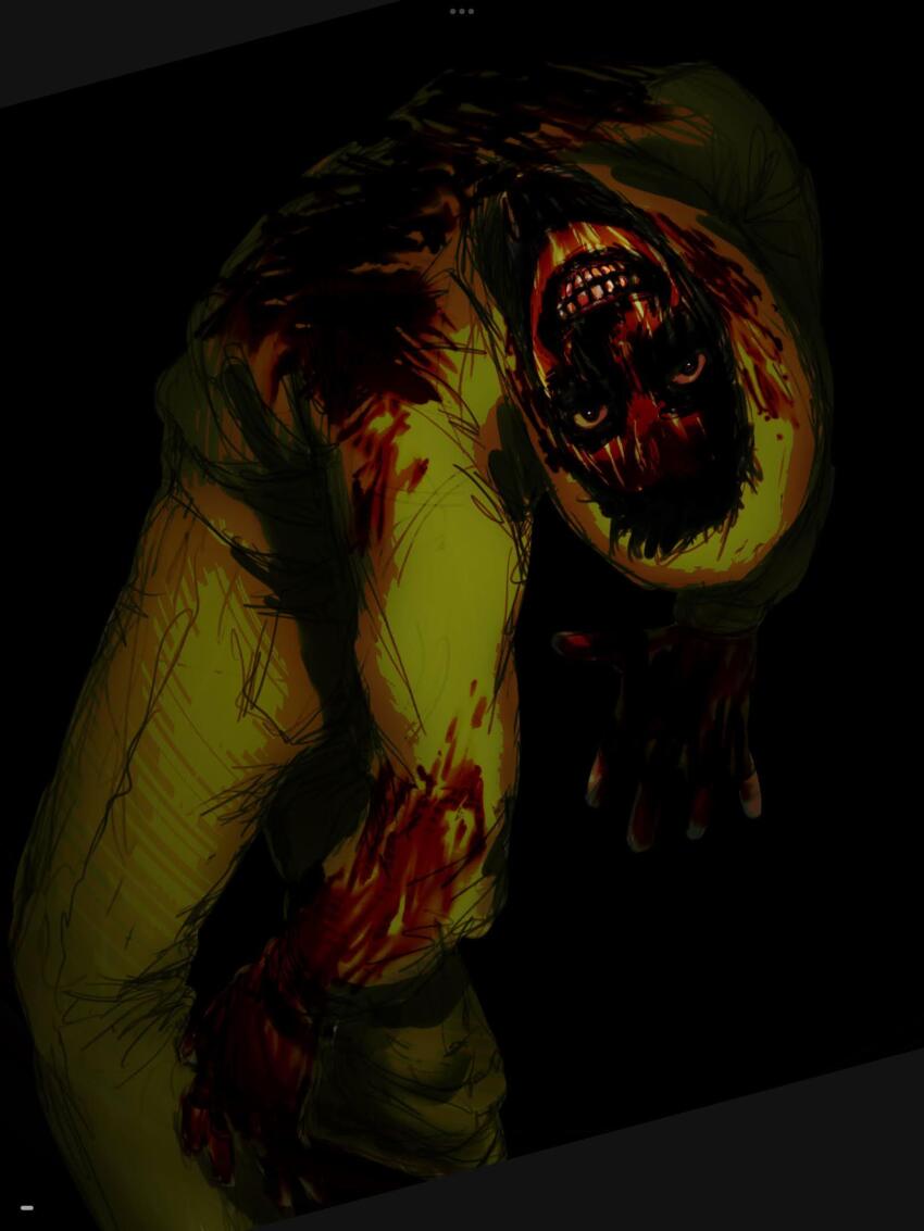 1boy black_background black_eyes black_hair bleeding blood blood_on_clothes blood_on_face blood_on_teeth blood_stain bloodshot_eyes border bright_pupils crazy_eyes crazy_grin cry_of_fear grey_border grey_hoodie head_tilt highres hood hood_up hoodie implied_injury looking_at_viewer looking_back male_focus outstretched_arm risuniya simon_henriksson_(book) solo teeth twisted_torso white_pupils