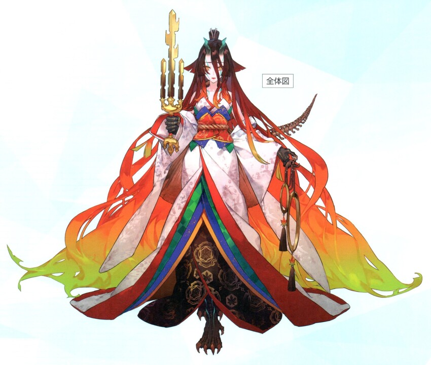 1girl bare_shoulders blonde_hair body_markings breasts brown_hair claws cleavage collarbone commentary eyelashes fate/grand_order fate/requiem fate_(series) fire full_body gradient_hair hair_between_eyes hair_ribbon hair_rings highres holding holding_weapon horns japanese_clothes kijo_kouyou_(fate) kijo_kouyou_(third_ascension)_(fate) kimono lips lipstick long_hair looking_at_viewer makeup medium_breasts multicolored_hair noco_(adamas) off_shoulder official_art parted_lips red_hair ribbon scales scan simple_background slit_pupils smile solo straight_hair sword symbol-only_commentary upper_body weapon white_background white_kimono yellow_eyes