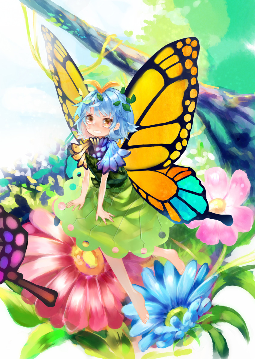 1girl antennae aqua_hair barefoot blue_flower brown_eyes butterfly_wings day dress eternity_larva fairy flower green_dress hair_between_eyes highres insect_wings leaf leaf_on_head multicolored_dress open_mouth pink_flower short_hair short_sleeves single_strap solo syukou touhou wings