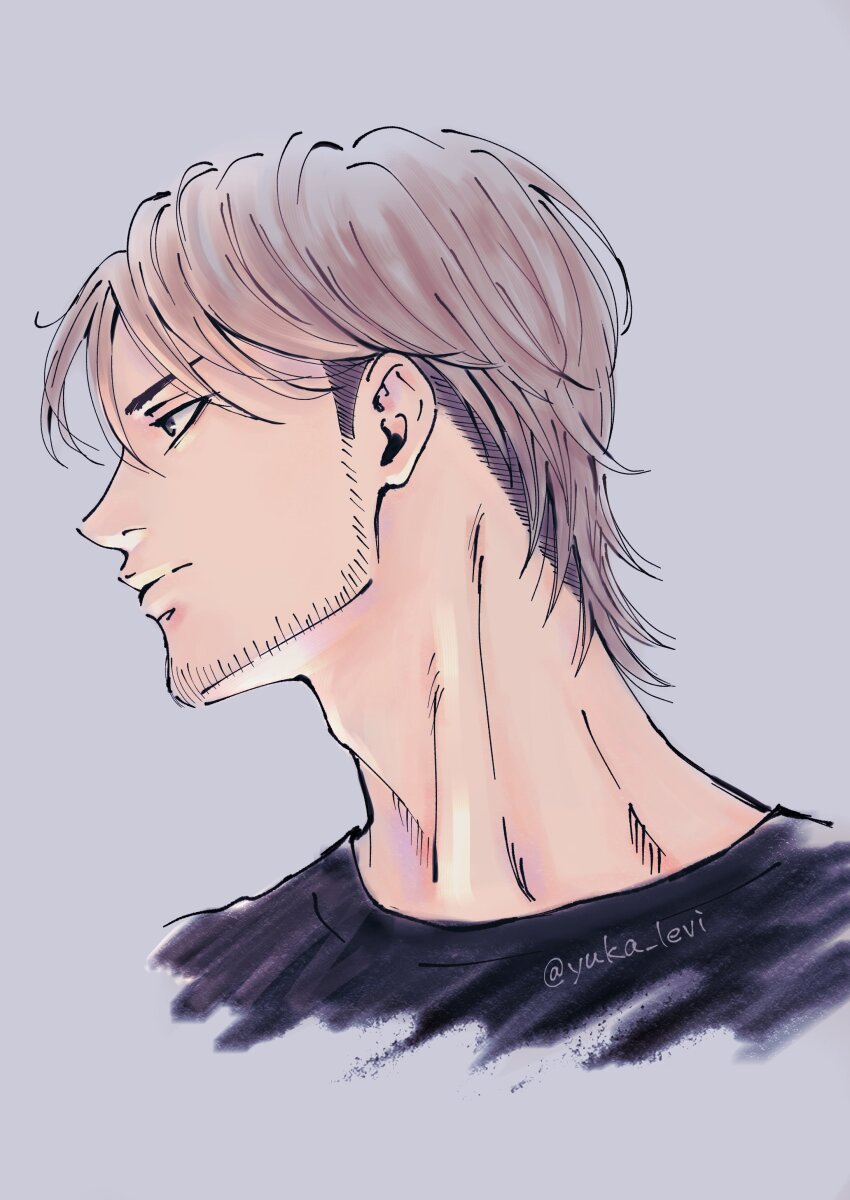 absurdres beard_stubble black_shirt facial_hair highres jaw jean_kirstein looking_to_the_side male_focus neck non-web_source shingeki_no_kyojin shirt short_hair stubble undercut yuka_levi