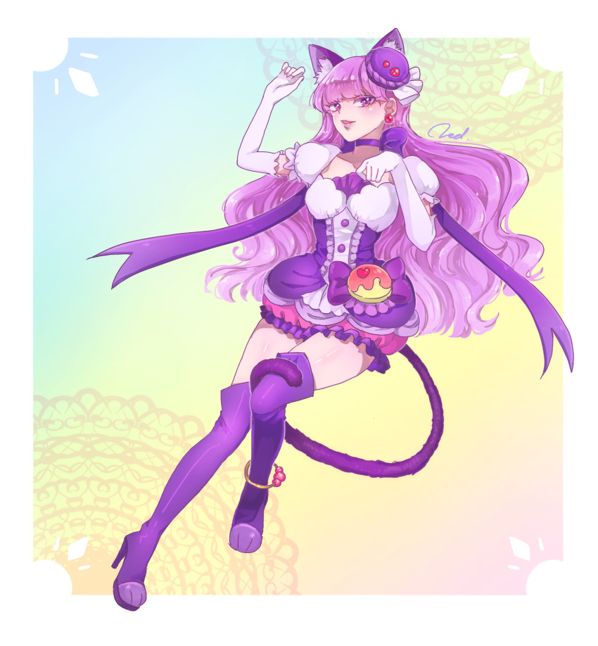 1girl animal_ears anklet artist_name blunt_bangs boots bow cat_ears cat_tail choker commentary_request cure_macaron doily dress dress_bow earrings elbow_gloves extra_ears floating food-themed_hair_ornament frilled_sleeves frills gloves hair_ornament half-closed_eyes high_heel_boots high_heels highres jewelry kirakira_precure_a_la_mode kotozume_yukari long_hair looking_at_viewer macaron_hair_ornament magical_girl open_mouth paw_pose pouch precure puffy_short_sleeves puffy_sleeves purple_boots purple_choker purple_dress purple_eyes purple_hair rakend short_dress short_sleeves signature smile solo tail thigh_boots two-tone_dress white_dress white_gloves