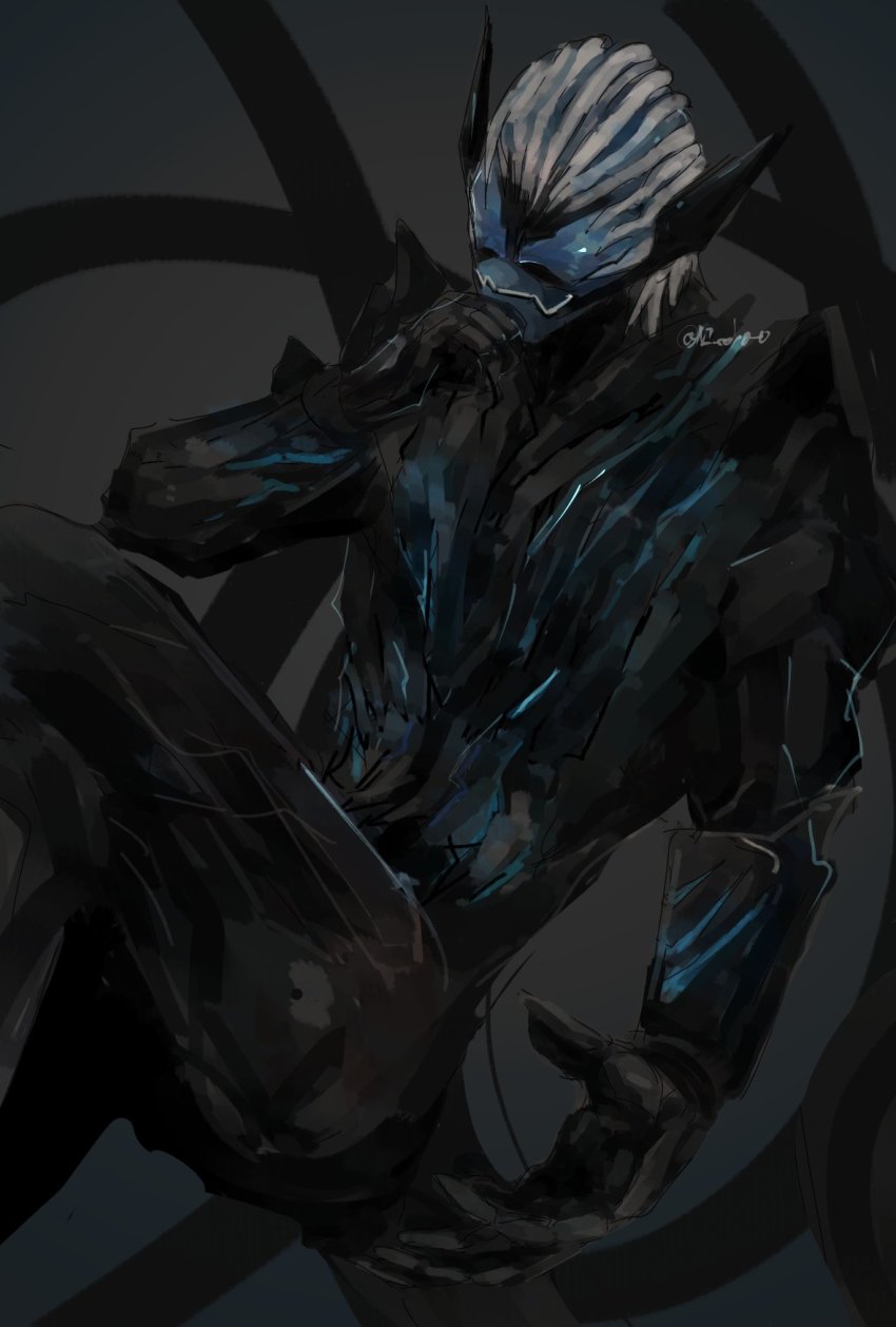1boy armor black_armor black_background blue_eyes blue_sky demon_boy fangs hair_slicked_back highres kamen_rider kamen_rider_revice long_fingers looking_at_viewer male_focus ni_celery_pk open_hand outside_border pointy_ears sharp_teeth sky spirit teeth vice_(kamen_rider_revice) white_hair