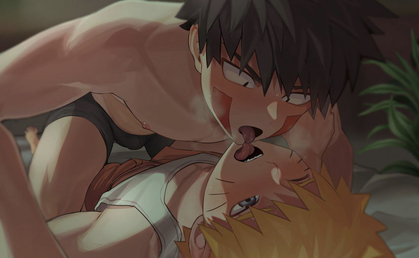 2boys black_boxer_briefs black_male_underwear boxer_briefs boxers brown_hair bulge facial_mark highres inuzuka_kiba kiss male_focus male_underwear multiple_boys naruto naruto_(series) naruto_shippuuden orange_boxers orange_male_underwear straddling tank_top tongue tongue_out topless_male underwear uzumaki_naruto yaoi
