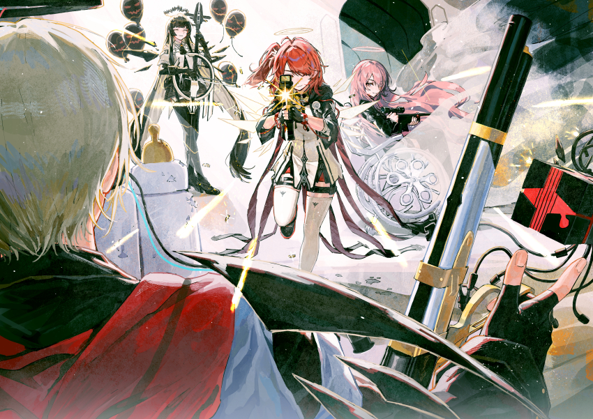 1boy 3girls absurdres arknights black_gloves black_hair black_halo black_jacket black_skirt black_thighhighs black_wings cello detached_wings energy_wings executor_(arknights) executor_the_ex_foedere_(arknights) exusiai_(arknights) exusiai_the_new_covenant_(arknights) fingerless_gloves gloves gun halo highres hime_cut holding holding_gun holding_instrument holding_weapon instrument jacket lemuen_(arknights) multiple_girls one_side_up pink_hair pleated_skirt red_hair renxzd shirt skirt thighhighs virtuosa_(arknights) weapon wheelchair white_hair white_shirt white_thighhighs wings