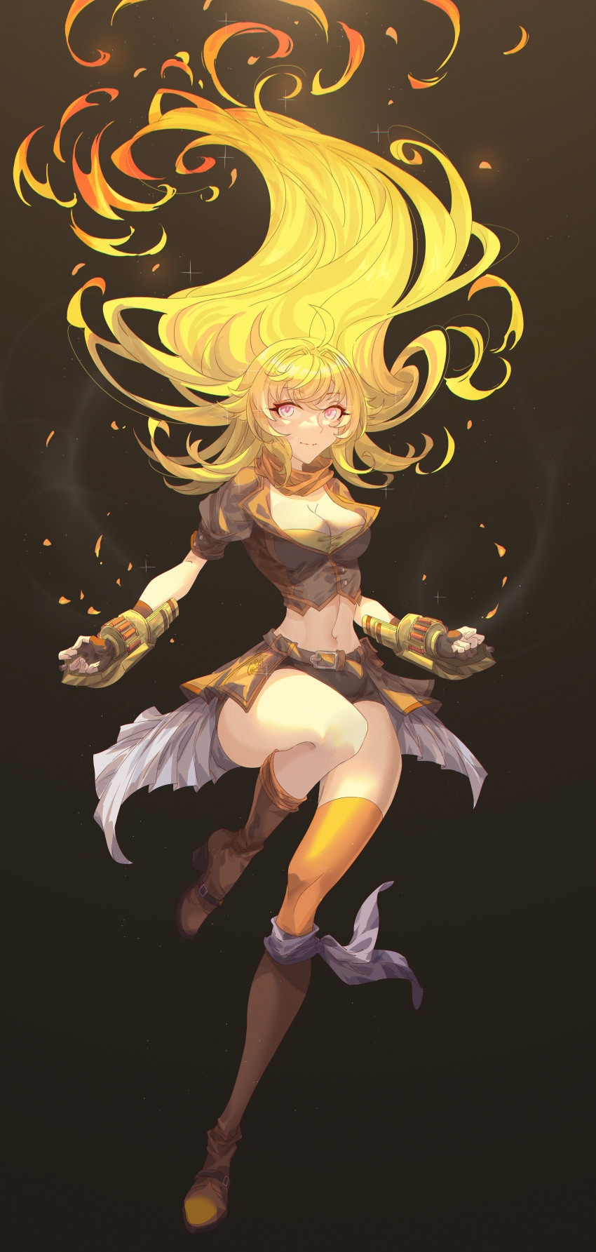 1girl absurdres ahoge asymmetrical_legwear black_gloves black_shorts blonde_hair boots breasts brown_background brown_boots cleavage clenched_hands closed_mouth crop_top ember_celica_(rwby) fingerless_gloves floating_hair full_body gloves gradient_background highres incredibly_absurdres innoarukugyou knee_boots leg_up long_hair medium_breasts midriff multicolored_hair navel orange_hair orange_scarf orange_thighhighs overskirt pink_eyes rwby scarf short_shorts short_sleeves shorts single_thighhigh solo stomach thighhighs very_long_hair yang_xiao_long