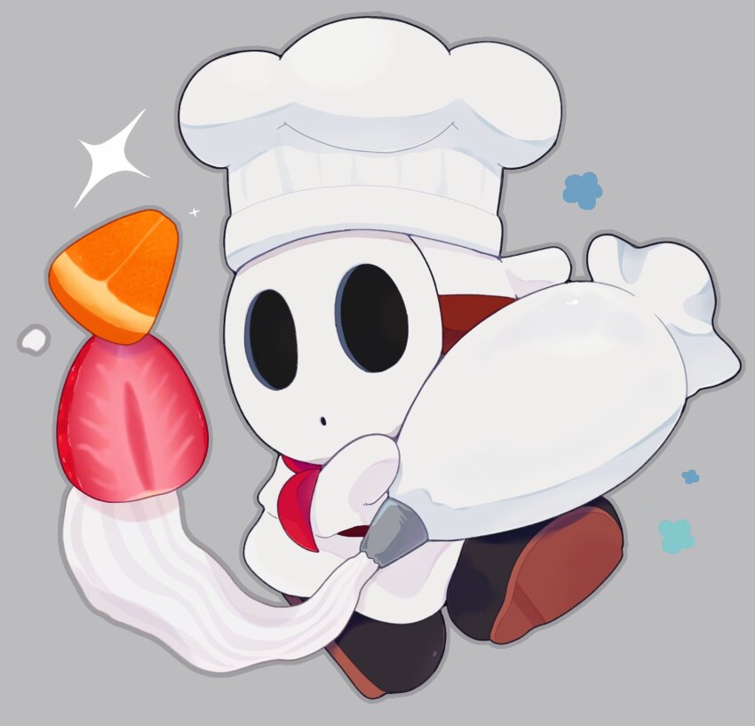 1boy chef_hat food fruit grey_background hat highres holding holding_pastry_bag mario_(series) mofupoyo nintendo pastry_bag robe shy_guy simple_background solo strawberry white_hat white_mask white_robe