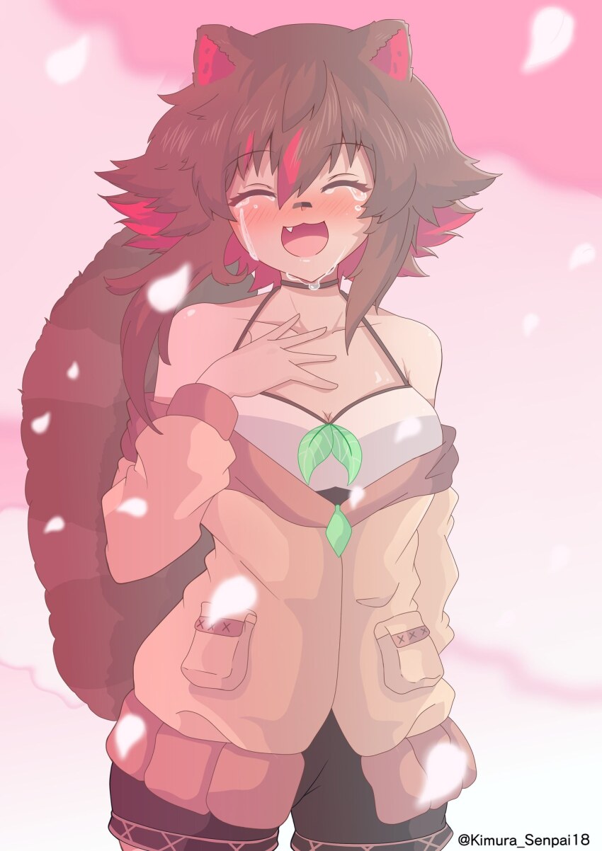 1girl :d ^_^ animal_ears bandaid bandaid_on_face bandaid_on_nose bare_shoulders black_choker black_shorts blush bow breasts brown_hair brown_jacket camisole choker cleavage closed_eyes colored_inner_hair crying falling_petals fang green_bow hair_between_eyes highres jacket kimurasenpai multicolored_hair no_gloves nose_blush off-shoulder_jacket off_shoulder open_mouth owozu petals pink_background raccoon_ears raccoon_girl raccoon_tail rakkun_sutaru rakkun_sutaru_(2nd_costume) red_hair second-party_source short_hair short_shorts shorts smile solo streaked_hair tail twitter_username two-tone_hair virtual_youtuber white_camisole