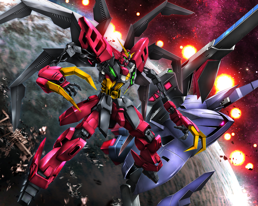 after_war_gundam_x battle beam_cannon claws commentary debris explosion green_eyes gundam gundam_ashtaron_hermit_crab gundam_virsago_chest_break highres mecha mobile_suit moon no_humans one-eyed pincers pink_eyes robot satellite_cannon science_fiction space star_(sky) v-fin zb_(dawn-blue)