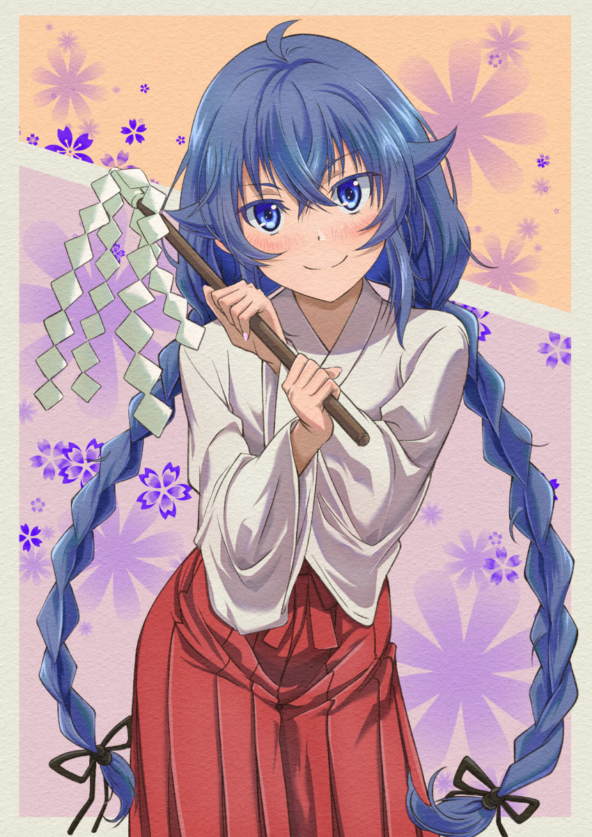 1girl ahoge black_ribbon blue_eyes blue_hair blush braid canvas_(medium) cowboy_shot female_focus gohei hair_between_eyes hair_ribbon hakama hakama_skirt highres holding honba_misaki japanese_clothes kimono light_blush long_hair looking_at_viewer miko mushoku_tensei nail_polish purple_eyes purple_hair red_hakama ribbon roxy_migurdia sidelocks skirt smile solo split_mouth standing twin_braids very_long_hair white_kimono wide_sleeves