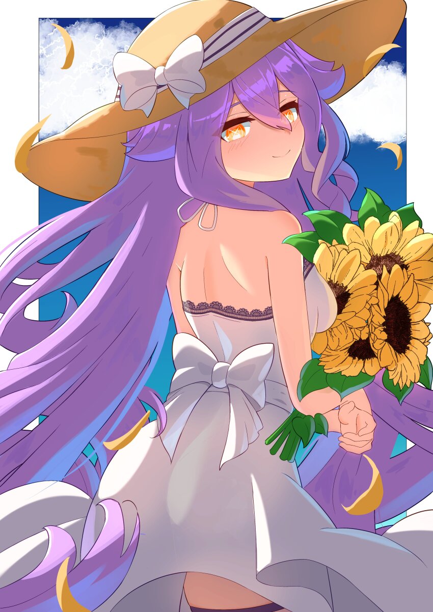 1girl absurdres alternate_costume blue_sky bow closed_mouth commentary_request dress dress_bow eight_(eight3rd1) flower from_behind halter_dress halterneck hat hat_bow highres holding holding_flower honkai_(series) honkai_impact_3rd lace lace-trimmed_dress lace_trim long_hair looking_at_viewer looking_back purple_hair sirin sky smile solo sun_hat sunflower very_long_hair white_bow white_dress yellow_eyes
