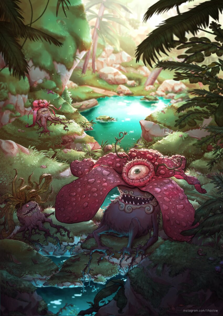 animal_focus blurry blurry_background day evolutionary_line fern forest full_body gen_1_pokemon gloom green_eyes happy highres instagram_username light_particles lihaolow monster moss nature nintendo no_eyes no_humans oddish one-eyed open_mouth outdoors plant pokemon pokemon_(creature) realistic red_eyes rock sharp_teeth sitting smile stream teeth tree vileplume vines water watermark web_address