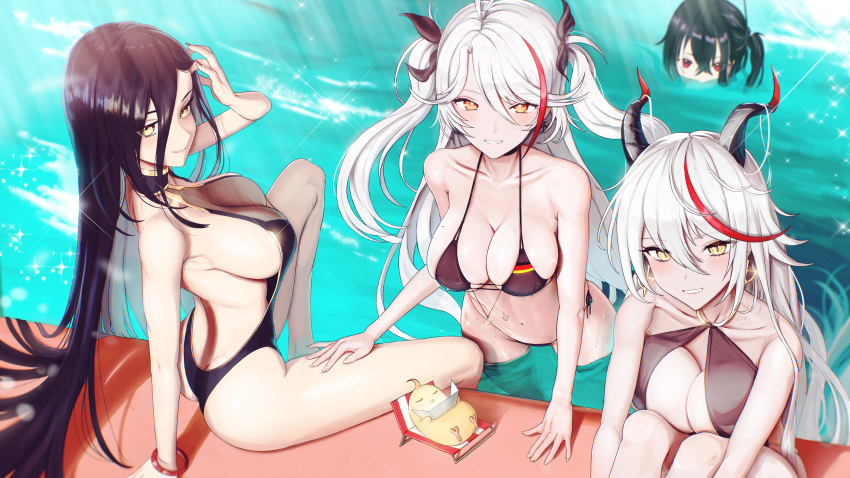 4girls absurdres aegir_(azur_lane) azur_lane backless_outfit bikini black_bikini black_choker black_hair breast_press breasts butt_crack choker cleavage collarbone crossed_bangs earrings flag_print friedrich_der_grosse_(azur_lane) german_flag_bikini hair_between_eyes highres horns jewelry large_breasts long_hair looking_at_viewer manjuu_(azur_lane) multicolored_hair multiple_girls one-piece_swimsuit prinz_eugen_(azur_lane) prinz_eugen_(unfading_smile)_(azur_lane) red_eyes revenantart see-through_clothes side-tie_bikini_bottom side_ponytail sitting smile streaked_hair swimsuit twintails u-47_(azur_lane) white_hair yellow_eyes