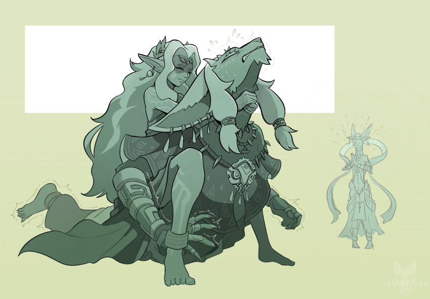 1boy 2girls anger_vein animal_ears animal_nose barefoot camel_clutch circlet closed_eyes closed_mouth dress earrings facing_another false_smile fingernails full_body furry furry_female furry_male hat highres horns husband_and_wife jewelry large_ears long_hair long_neck long_torso mineru_(zelda) multiple_earrings multiple_girls necklace nintendo pants pointy_ears rauru_(tears_of_the_kingdom) shaded_face sharp_fingernails shawl sitting sitting_on_person smile snout sonia_(zelda) standing submission_hold sweat tenebscuro the_legend_of_zelda the_legend_of_zelda:_tears_of_the_kingdom toes tooth_necklace trembling tunic very_long_ears very_long_hair wrestling zonai