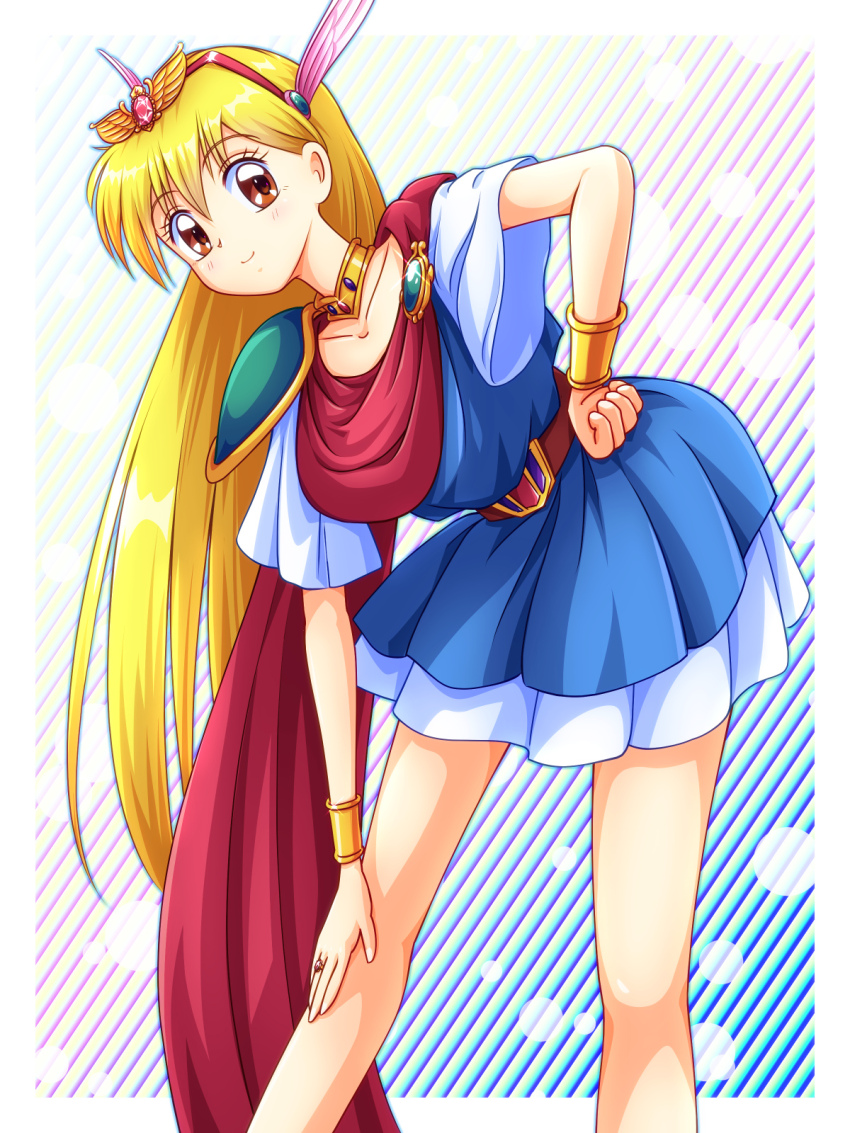 1girl akazukin_chacha armor belt blonde_hair brooch brown_eyes cape chacha_(akazukin_chacha) commentary_request dress eyelashes gold_choker gold_ring gold_wrist_cuffs headband highres jewelry long_hair magical_girl magical_princess mimimix red_cape ring shoulder_armor single_shoulder_pad smile winged_headwear
