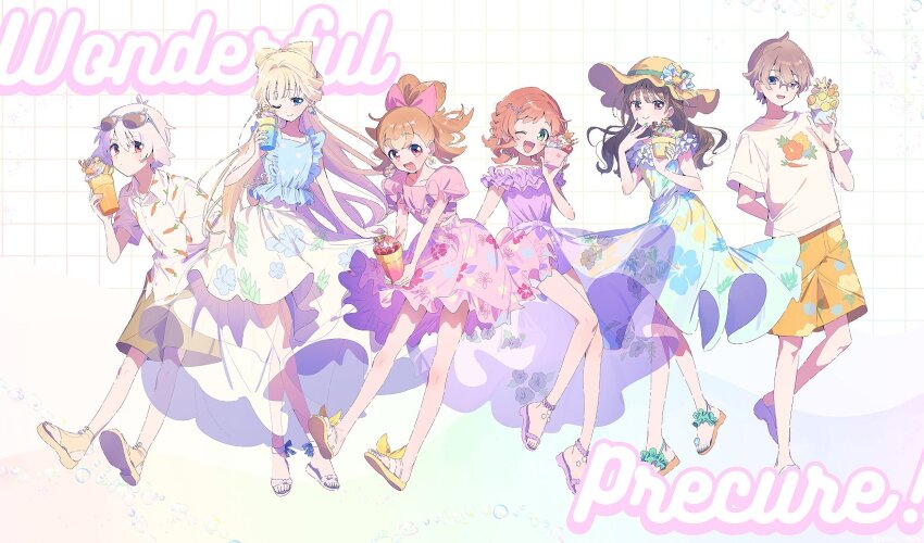 2boys 4girls ahoge alternate_costume animal_ears ankle_bow ankle_ribbon antenna_hair aqua_nails aqua_ribbon arm_behind_head artist_name bare_arms bare_legs bare_shoulders black_hair blonde_hair blue-framed_eyewear blue_bow blue_dress blue_eyes blue_ribbon blue_shirt blunt_bangs blunt_ends border bow bow-shaped_hair bowl braid brown_footwear brown_hair brown_shorts buttons cargo_shorts carrot_print cherry chocolate_syrup cinnamon_stick closed_mouth collarbone collared_shirt commentary copyright_name cup dress drink earrings english_text expressionless eyelashes eyes_visible_through_hair eyewear_on_head floating_clothes floppy_ears floral_print flower food food_print footwear_bow frilled_dress frilled_shirt frilled_skirt frilled_sleeves frills fruit full_body glasses green_eyes grid_background hair_between_eyes hair_bow hair_ornament hairclip hand_in_pocket hand_on_own_chin happy hat hat_flower hat_ribbon heart heart-shaped_hair hibiscus high-waist_skirt high_ponytail highres holding holding_bowl holding_cup holding_drink holding_food holding_ice_cream holding_ice_cream_cone ice_cream ice_cream_cone inukai_iroha inukai_komugi jewelry knees layered_skirt leg_ribbon leg_up lemon lemon_slice light_blush long_dress long_hair long_skirt looking_at_viewer lower_teeth_only medium_hair midriff miniskirt multiple_boys multiple_girls nail_polish nekoyashiki_mayu nekoyashiki_yuki off-shoulder_dress off-shoulder_shirt off_shoulder one_eye_closed open_mouth orange_(fruit) orange_shorts orange_slice outside_border pink_bow pink_eyes pink_hair pink_shirt pink_skirt pleated_dress pocky ponytail precure puffy_short_sleeves puffy_sleeves purple_footwear purple_shirt purple_skirt rabbit_ears red_eyes ribbon sandals seashell see-through_clothes see-through_skirt serizawa_serizane shell shirt shoes short_hair short_sleeves shorts side_braid single_braid skirt skirt_hold sleeveless sleeveless_shirt smile smoothie sneakers square_neckline standing star_(symbol) starfish stirrup_footwear strawberry summer sun_hat sundae sunglasses symbol-only_commentary syrup t-shirt tareme teeth toenail_polish toenails toes toyama_daifuku toyama_satoru very_long_hair waffle_cone wavy_hair white_background white_border white_flower white_footwear white_shirt white_skirt wide_sleeves wonderful_precure! yellow_bow yellow_hat yellow_sandals