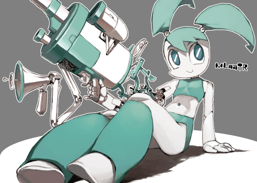 1girl android blue_eyes blue_hair blue_skirt blue_tank_top colored_skin huge_weapon humanoid_robot jenny_wakeman joints metal_skin my_life_as_a_teenage_robot robot robot_girl robot_joints skirt solo tank_top thighs twintails weapon white_skin ysk!