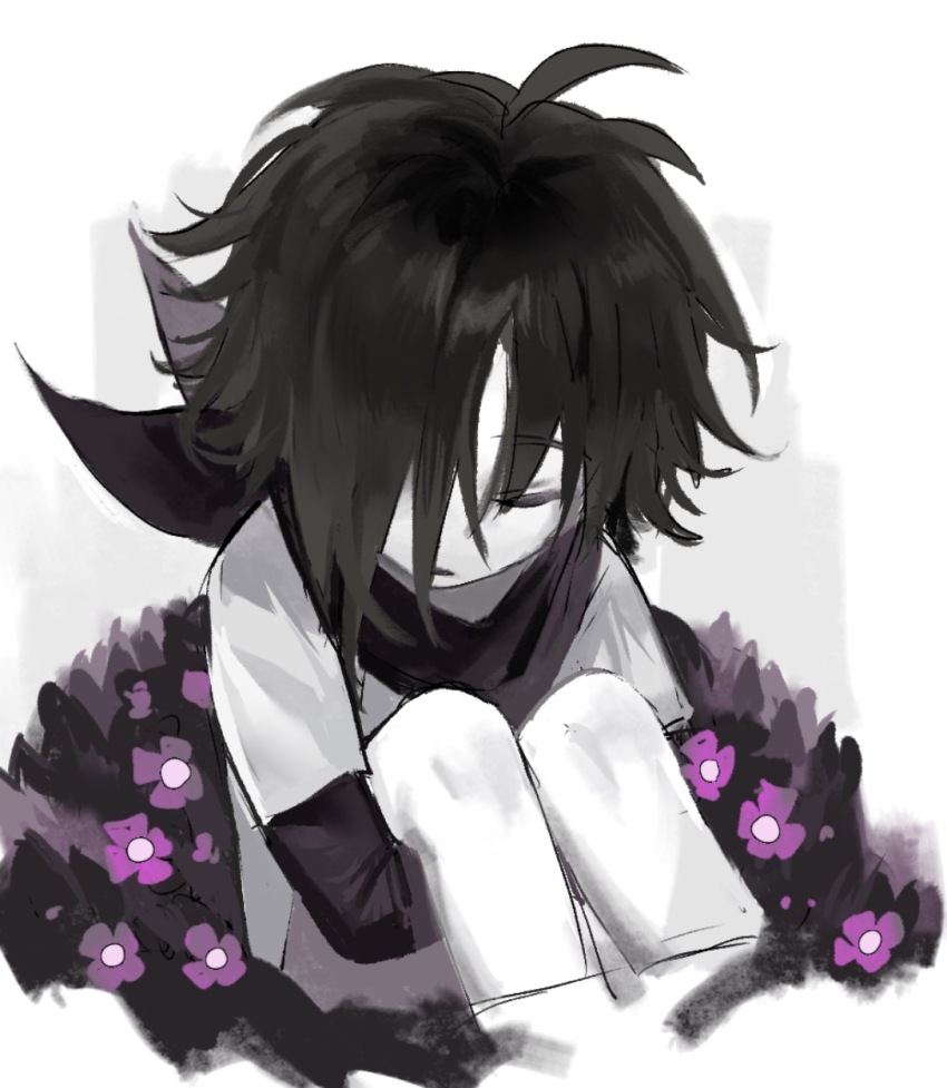 1boy alternate_universe antenna_hair bandana bandana_around_neck black_bandana black_hair black_shirt child chinese_commentary closed_eyes colored_skin commentary_request cropped_legs dengyuanbakudan field flower flower_field frisk_(undertale) from_above hair_flaps hair_over_one_eye highres hugging_own_legs knees_up layered_sleeves long_sleeves male_focus one_eye_covered parted_lips pink_flower purple_shorts shirt short_hair short_over_long_sleeves short_sleeves shorts simple_background sitting solo u_u undertale white_background white_shirt white_skin xtale