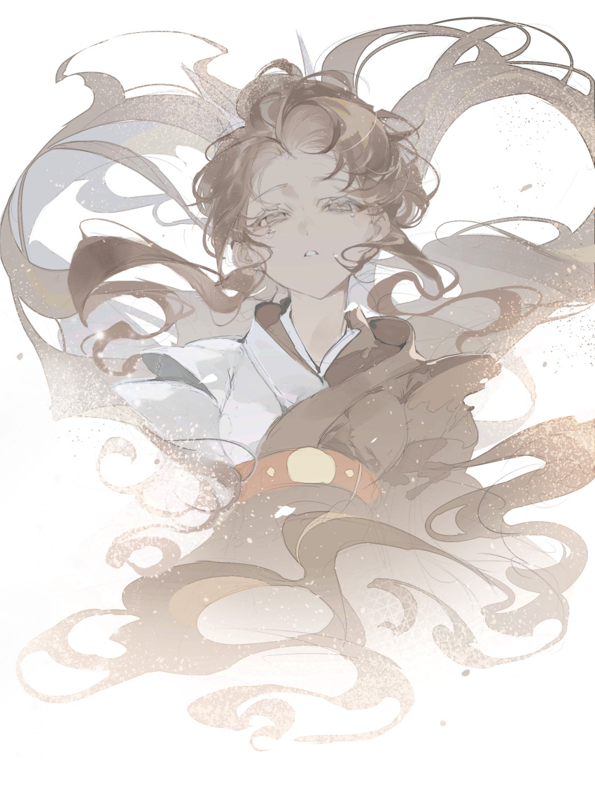 1girl border breasts brown_hair caramel_arrow_cookie chest_belt cookie_run cookie_run:_kingdom cropped_arms cropped_legs crying crying_with_eyes_open curtained_hair dissolving fading fading_border half-closed_eyes highres humanization muted_color non-deformed pale_color parted_lips sepia shu_(pjxv7485) side_part simple_background small_breasts smoke solo tan tears twintails upper_body white_background