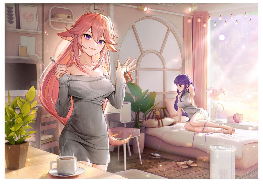 2girls absurdres alternate_costume animal_ears arm_up bare_arms bare_legs bare_shoulders barefoot bed blunt_bangs breasts chair collarbone commentary_request cowboy_shot cup dress fox_ears genshin_impact grey_dress grey_sweater hair_between_eyes hands_up highres holding holding_spoon indoors large_breasts long_hair long_sleeves looking_at_viewer maoy123 meme_attire mug multiple_girls off-shoulder_dress off-shoulder_sweater off_shoulder pillow pink_hair plant potted_plant purple_eyes purple_hair raiden_shogun short_dress sitting sleeves_past_wrists smile spoon standing sweater sweater_dress thighs very_long_hair virgin_killer_sweater yae_miko yokozuwari