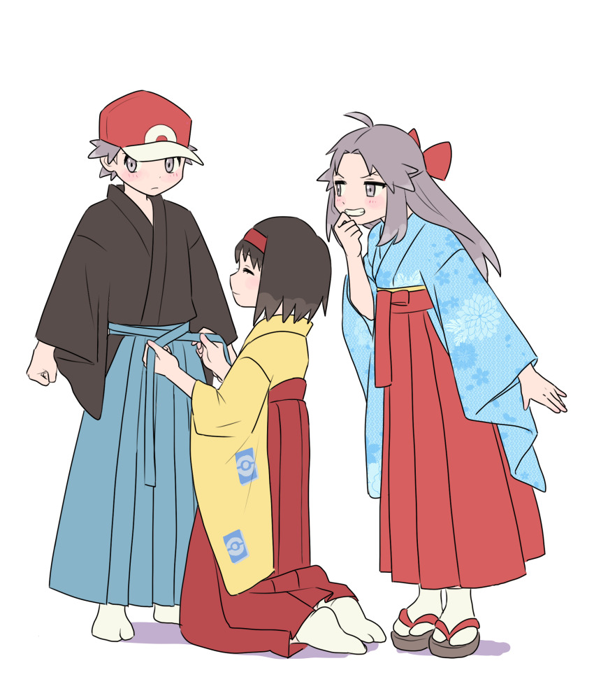 1boy 2girls erika_(pokemon) highres japanese_clothes kimono leaf_(pokemon) multiple_girls nintendo pokemon pokemon_frlg pumpkinpan red_(pokemon) red_(pokemon_frlg)