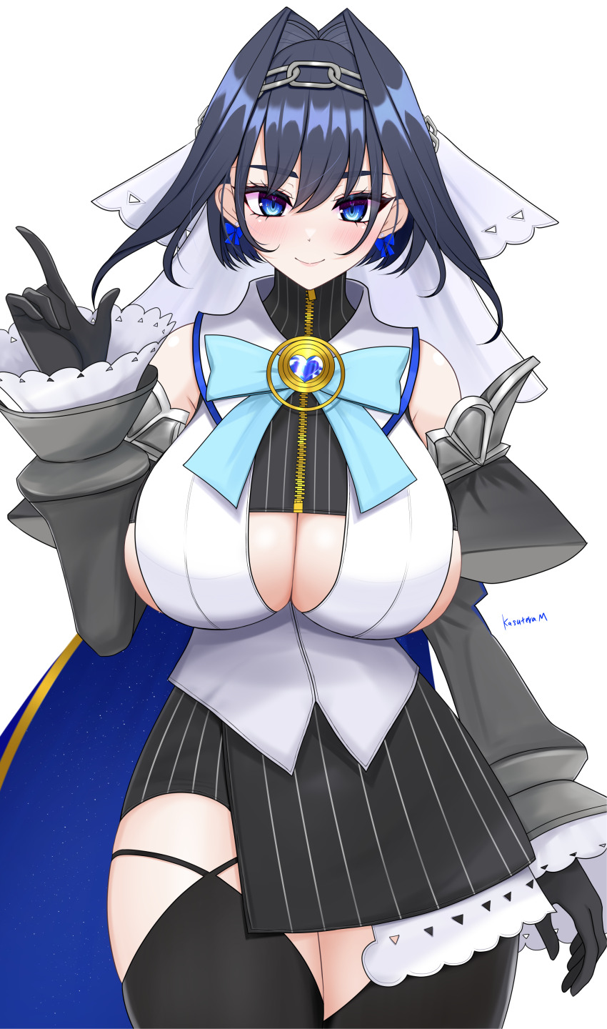 1girl absurdres black_gloves black_hair black_shirt black_sleeves black_thighhighs blue_eyes breasts cleavage cleavage_cutout closed_mouth clothing_cutout detached_sleeves gloves highres hololive hololive_english kasutera_mikan large_breasts medium_hair ouro_kronii ouro_kronii_(1st_costume) shirt smile solo thighhighs v virtual_youtuber white_shirt